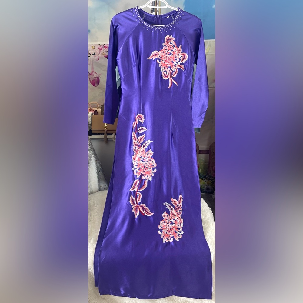 Ao dai lua Valentino, New Vietnamese women’s traditional long dress top m 2 tim
